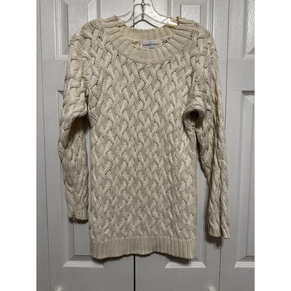 Together! Vintage Bone Cream Cable Knit Fisherman Sweater Womens Medium 90s